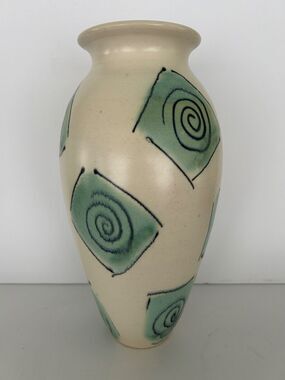 Signed Chapman Satin Finish MCM Studio Pottery 10 3/4" Cream & Teal Tall Vase